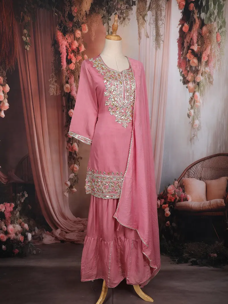 Rose Pink Embroidered Cotton Sharara Salwar Suit 4