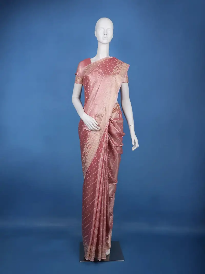 Rose Pink Floral Brocade Design Semi Tissue Saree 1