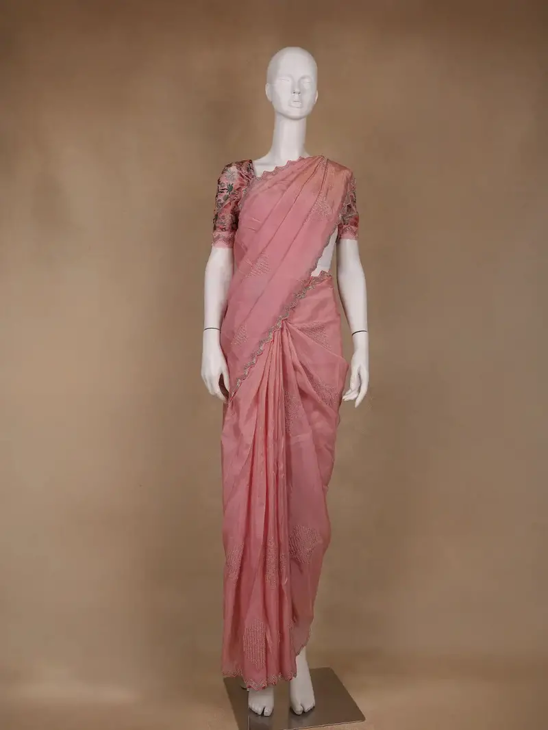 Rose Pink Floral Designed Organza Designer Saree 1