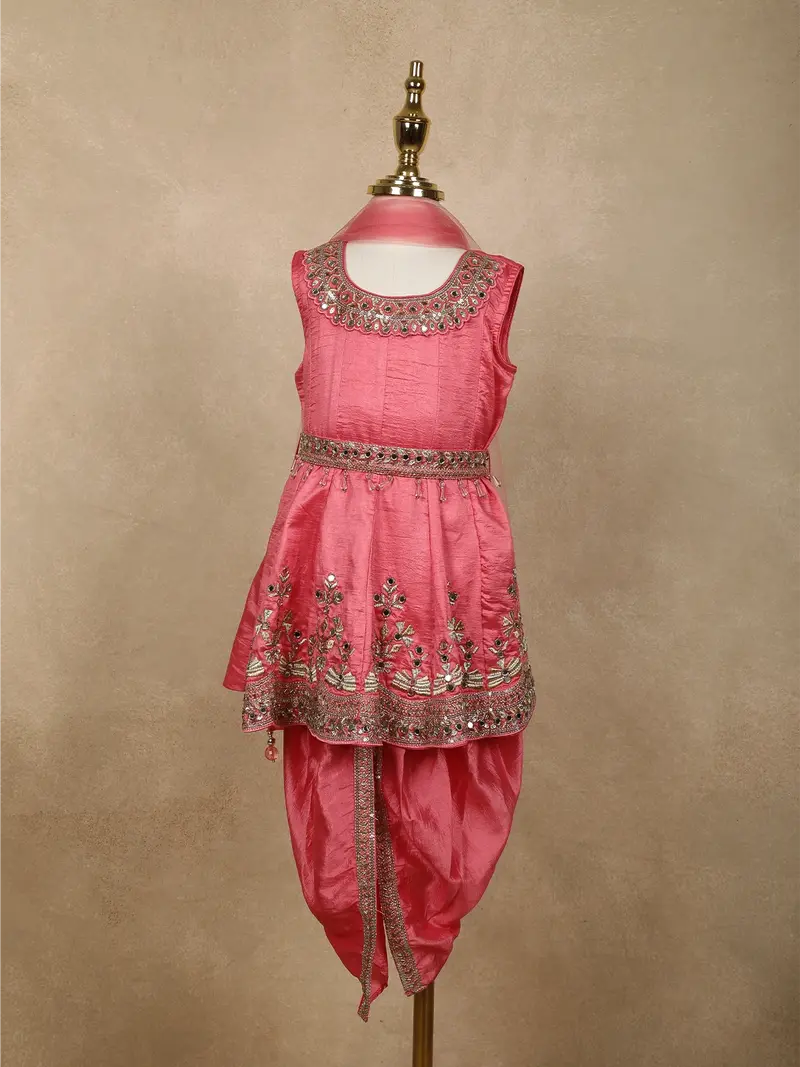 Rose Pink Floral Embroidered Design Satin Kids Patiala Salwar Suit With Dupatta 1