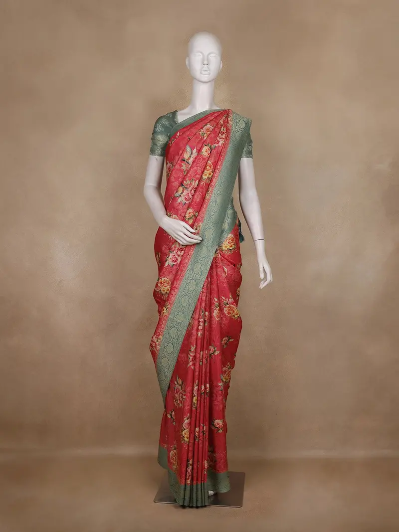 Rose Pink Floral Print Semi Banarasi Saree With Contrast Green Zari Border 1