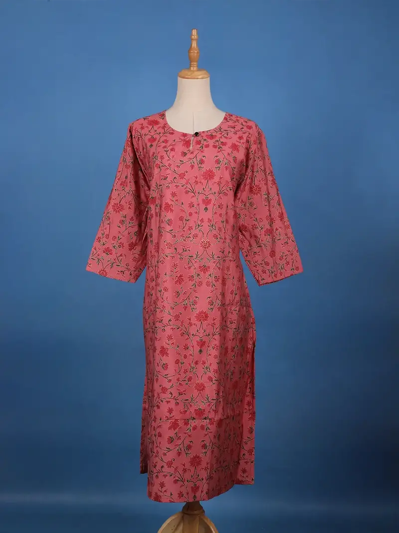 Rose Pink Floral Printed Cotton Kurti 1