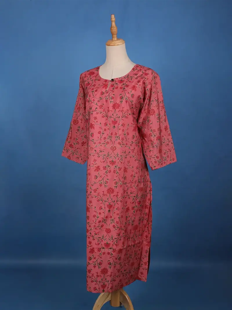 Rose Pink Floral Printed Cotton Kurti 4