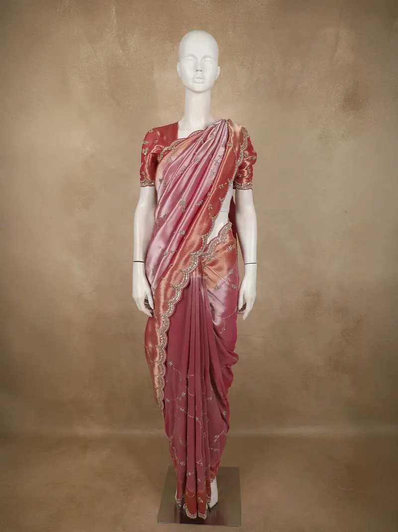 Rose Pink Floral Sequins And Beads Embroidered Design Pure Organza Saree With Scalloped Border 1