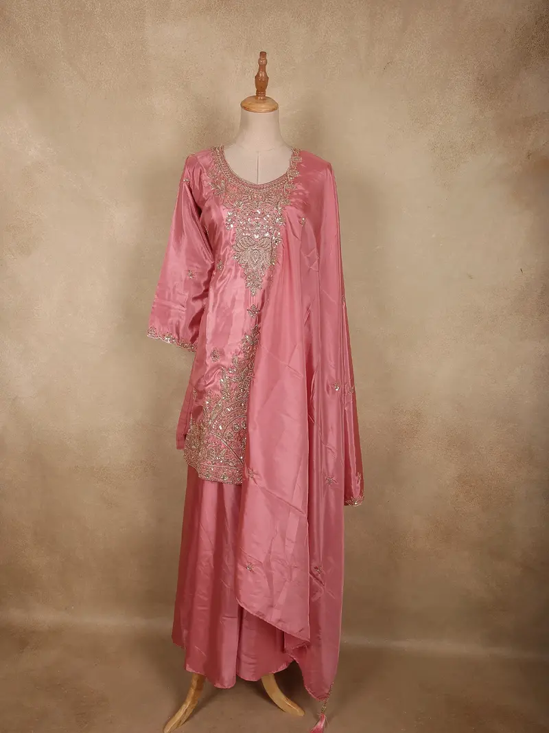 Rose Pink Floral Sequins And Beads Embroidered Design Satin Palazzo Suit With Dupatta 1