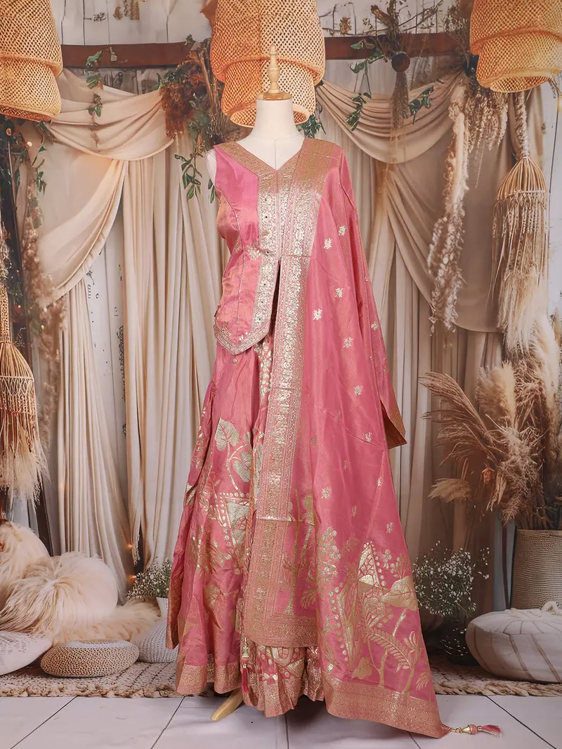 Rose Pink Floral Woven Silk Lehenga 1