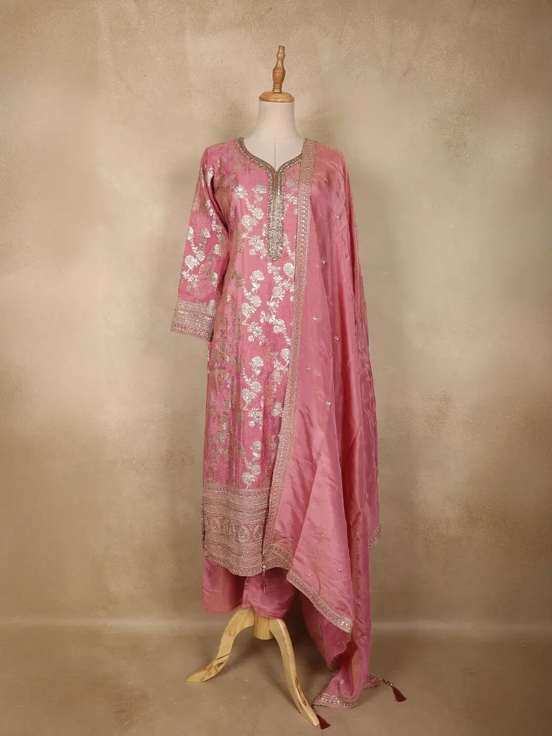 Rose Pink Floral Zari Woven Design Banarasi Silk Anarkali Salwar Suit 1