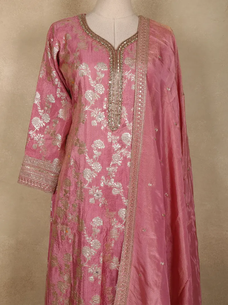 Rose Pink Floral Zari Woven Design Banarasi Silk Anarkali Salwar Suit 2