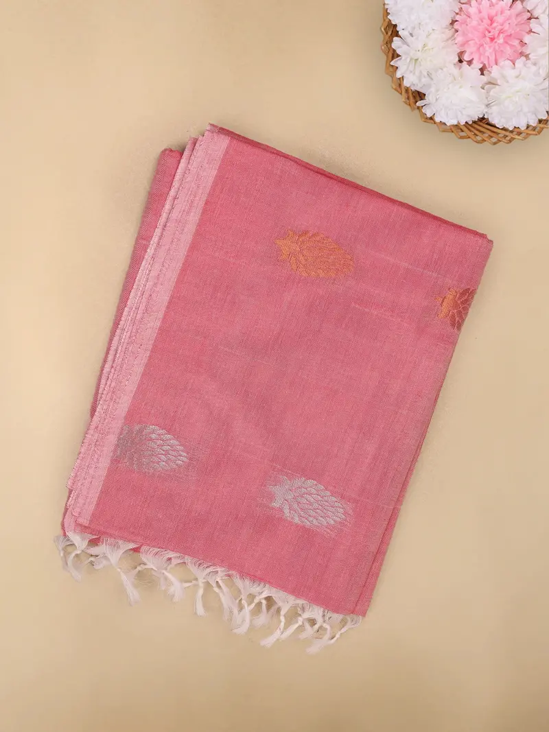 Rose Pink Leaf Butta Woven Design Cotton Saree 1