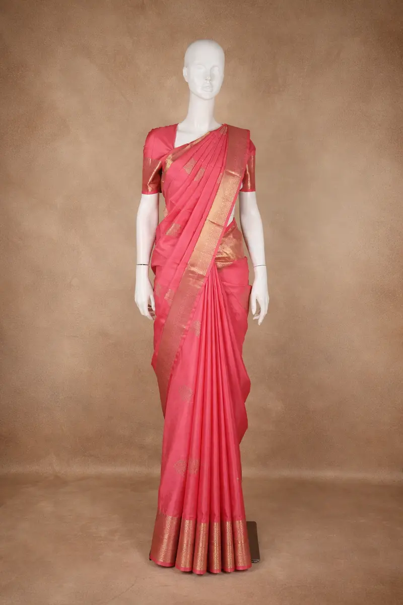 Rose Pink Leaf Butta Woven Design Pure Kanchipuram Silk Saree With Zari Border 1