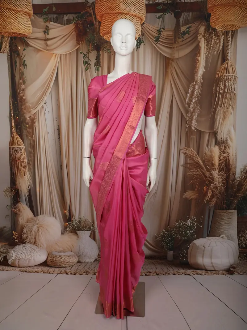 Rose Pink Paisley Butta Zari Woven Design Pure Kanchipuram Silk Saree With Zari Border 1
