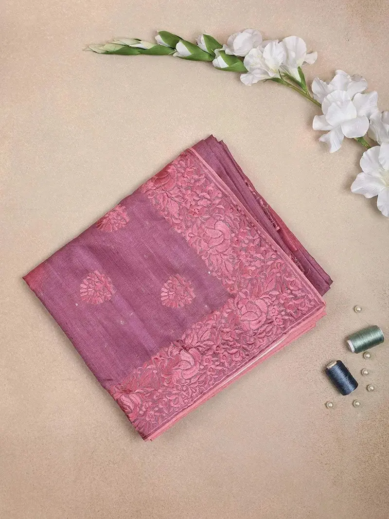 Rose Pink Semi Tussar Silk Saree With Floral And Leaf Design On The Body With Lace Border 1