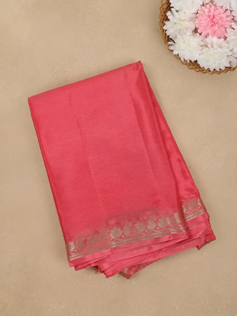 Rose Pink Solid Design Antique Gold Zari Border Mysore Silk Saree 1