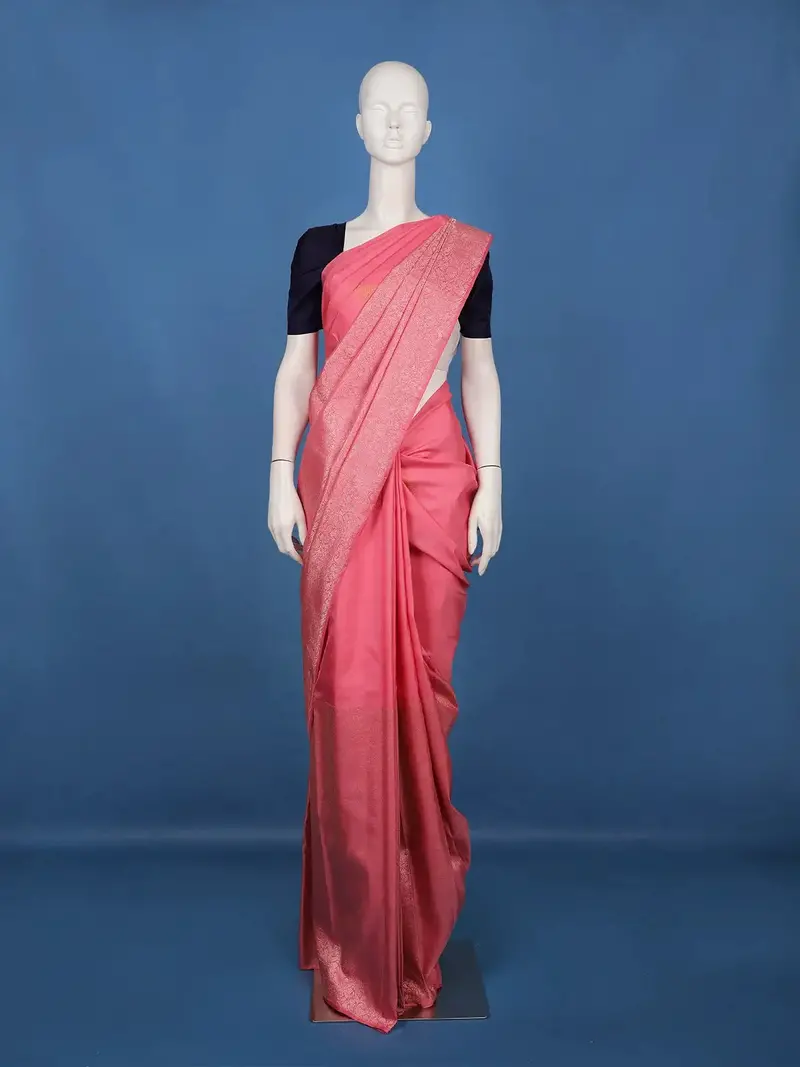Rose Pink Solid Design Woven Pure Kanchipuram Silk Saree 1