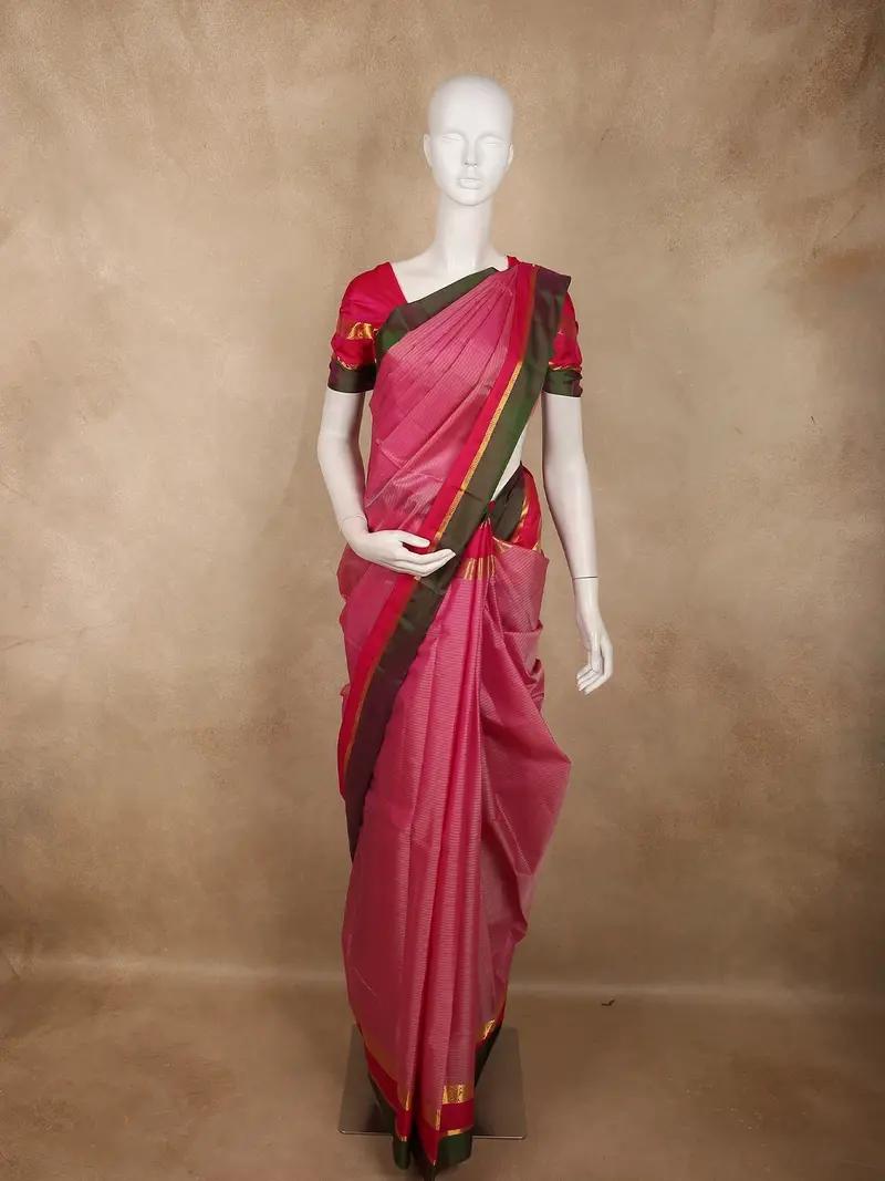 Rose Pink Striped Woven Design Kanchipuram Silk Saree With Contrast Zari Border 1