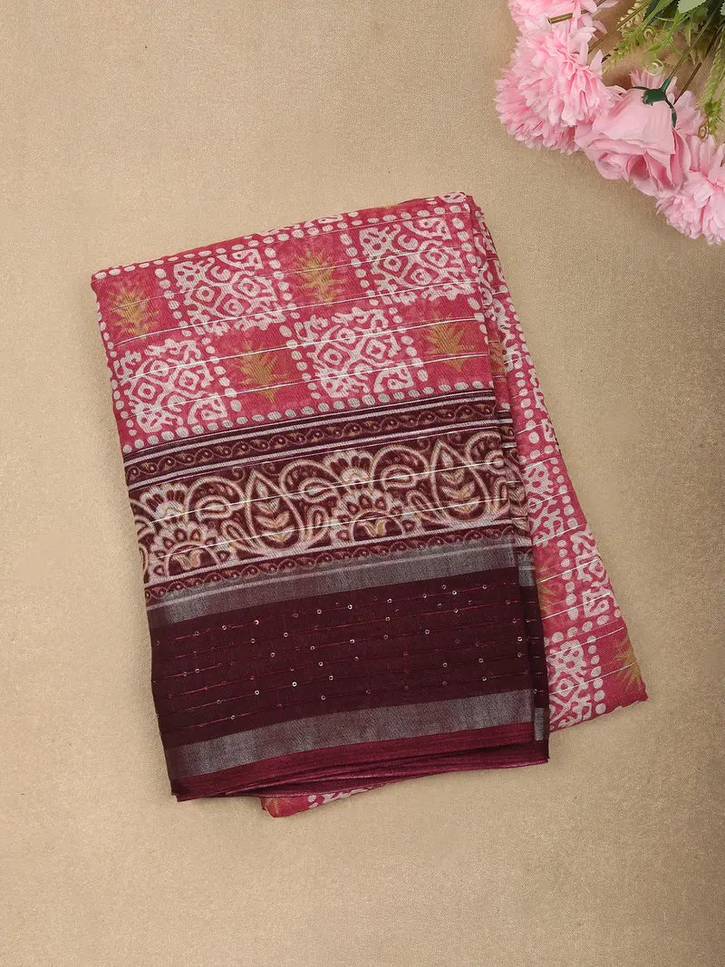 Rose Pink Traditional Printed Design Linen Cotton Saree With Contrast Sequins Border 1