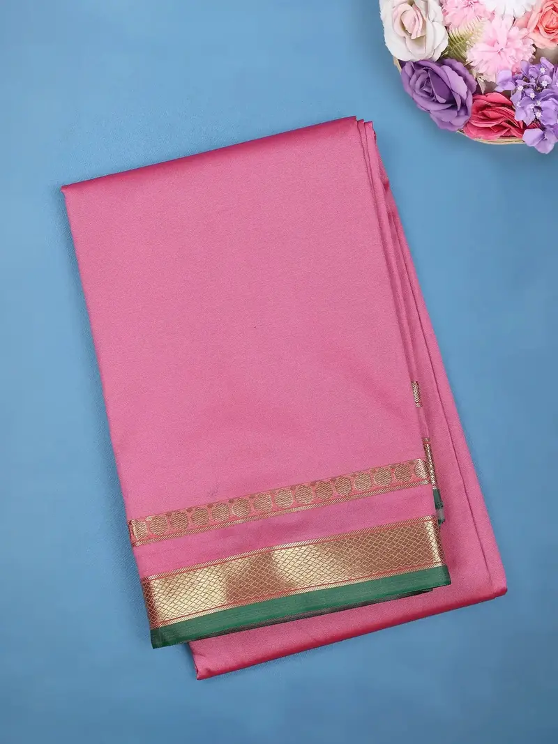 Rose Pink With A Gold Zari Border And Green Selvedge Edge Soft Silk Saree 1