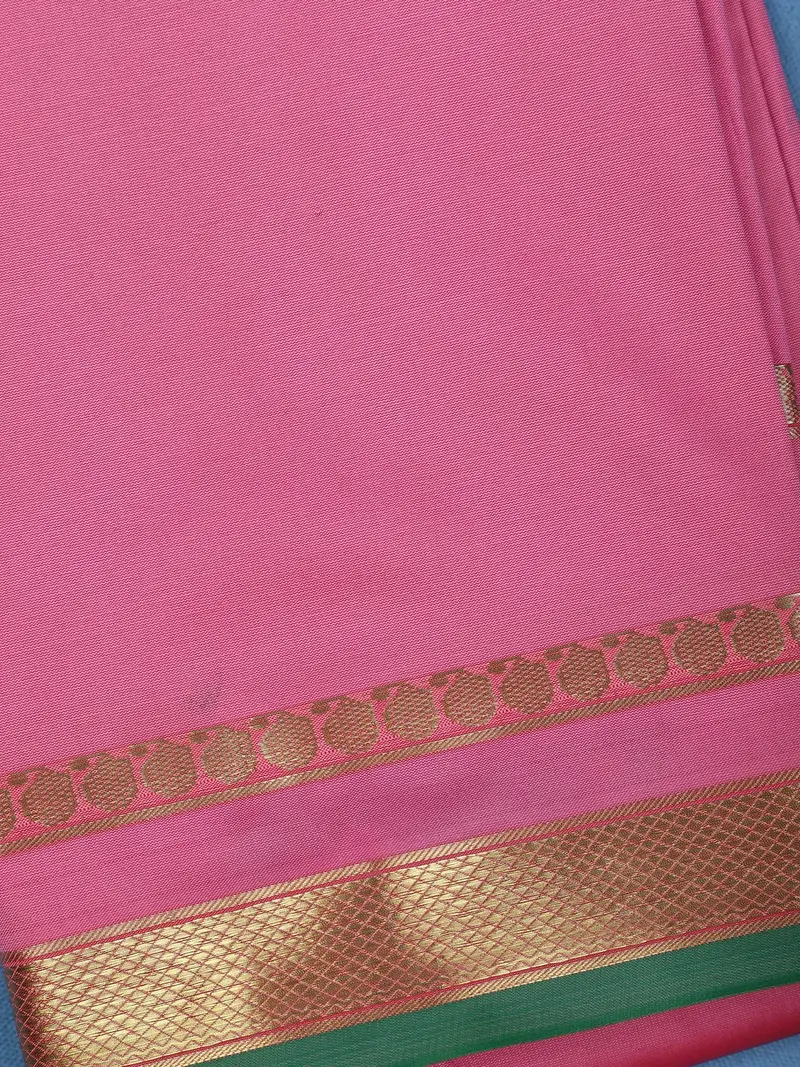 Rose Pink With A Gold Zari Border And Green Selvedge Edge Soft Silk Saree 2