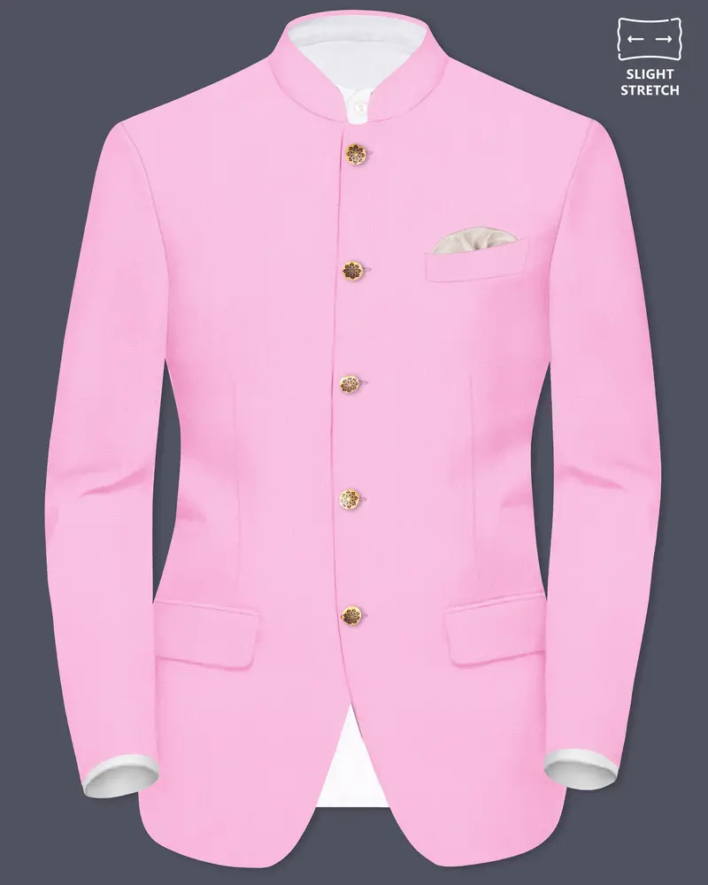 Rosé Reverie-Pestel Pink Solid Wool Rich Bandhgala Slight Stretch Blazer 1