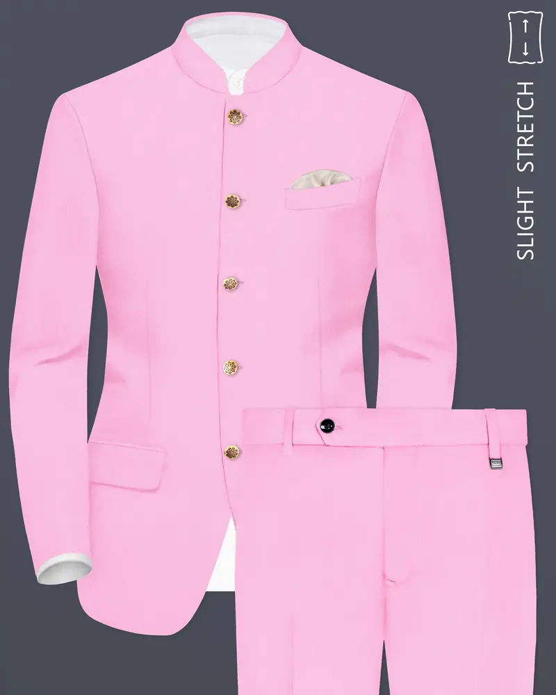 Rosé Reverie-Pestel Pink Solid Wool Rich Bandhgala Slight Stretch Suit 1