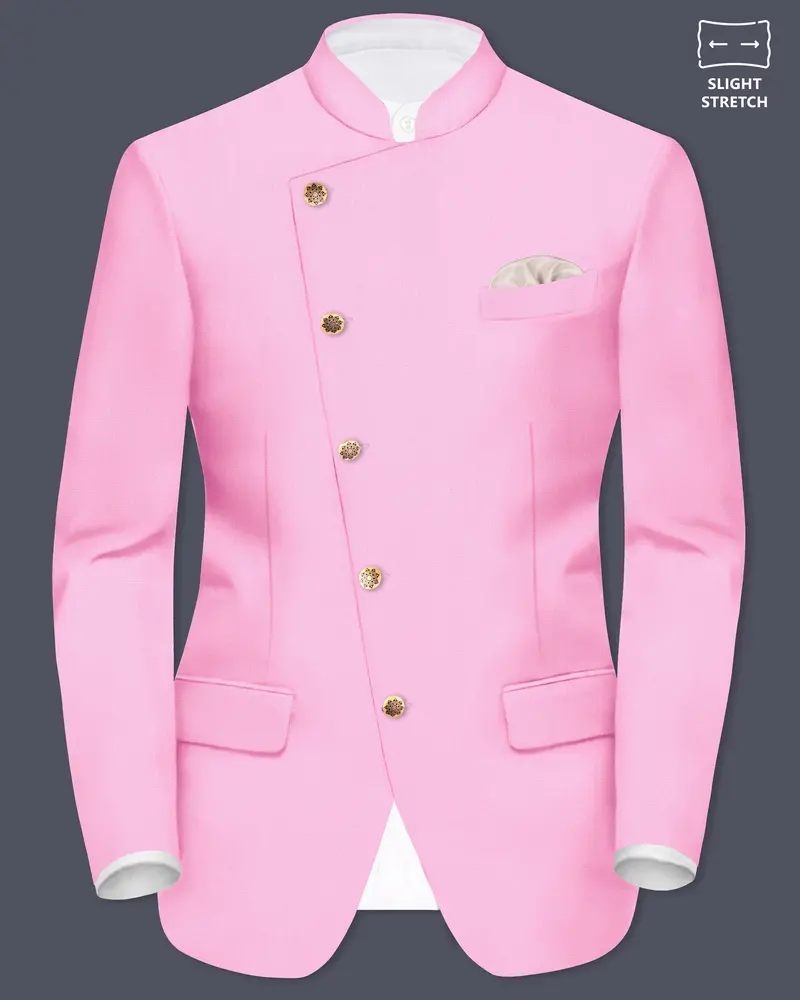 Rosé Reverie-Pestel Pink Solid Wool Rich Cross Placket Bandhgala Slight Stretch Blazer 1