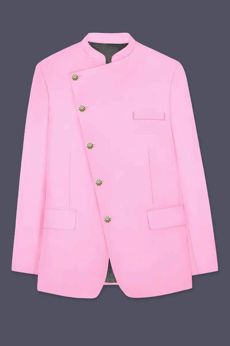 Rosé Reverie-Pestel Pink Solid Wool Rich Cross Placket Bandhgala Slight Stretch Blazer 6