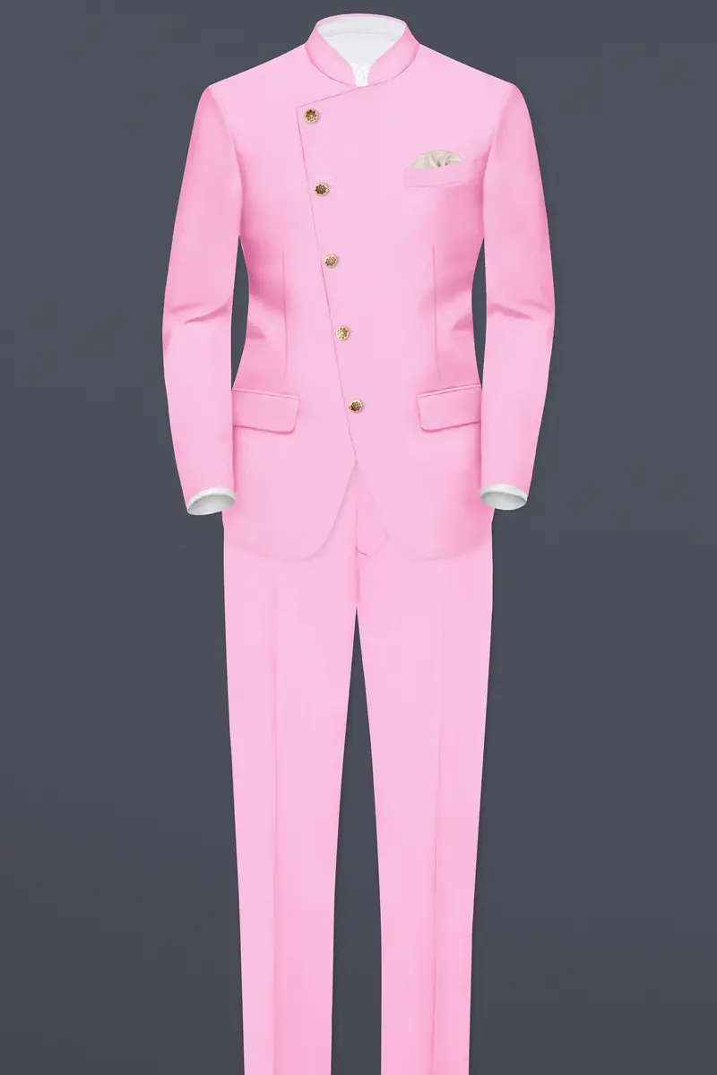Rosé Reverie-Pestel Pink Solid Wool Rich Cross Placket Bandhgala Slight Stretch Blazer 8