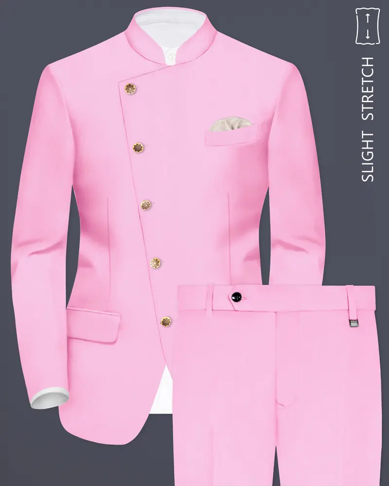Rosé Reverie-Pestel Pink Solid Wool Rich Cross Placket Bandhgala Slight Stretch Suit 1