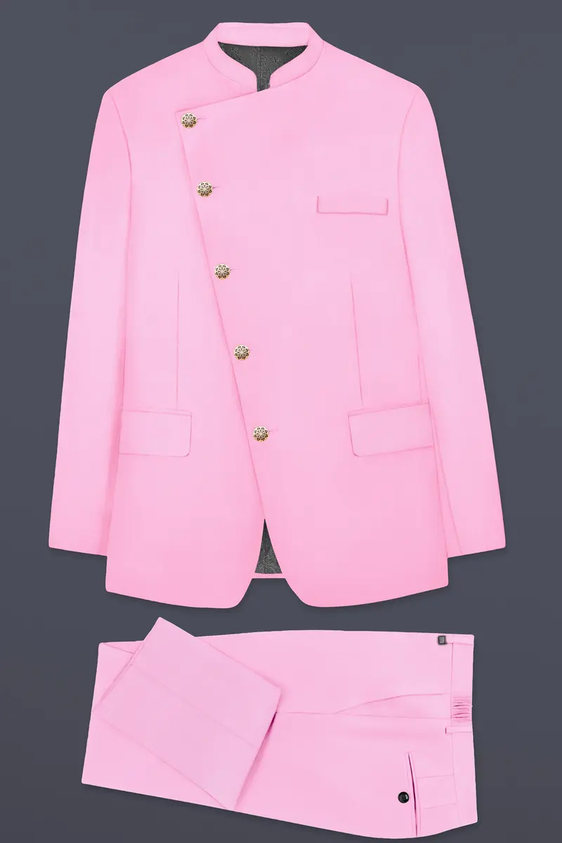 Rosé Reverie-Pestel Pink Solid Wool Rich Cross Placket Bandhgala Slight Stretch Suit 10