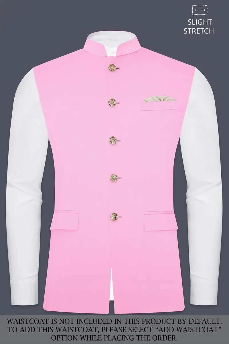 Rosé Reverie-Pestel Pink Solid Wool Rich Cross Placket Bandhgala Slight Stretch Suit 15
