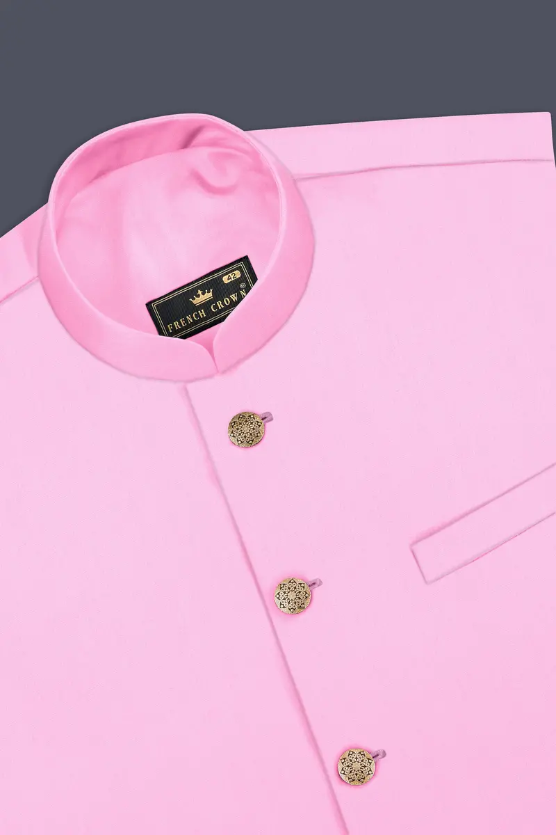 Rosé Reverie-Pestel Pink Solid Wool Rich Cross Placket Bandhgala Slight Stretch Suit 17