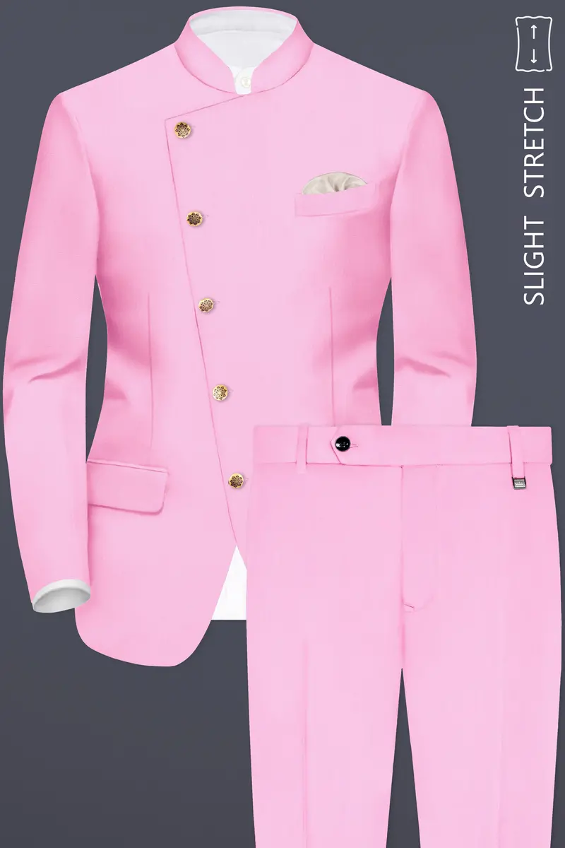 Rosé Reverie-Pestel Pink Solid Wool Rich Cross Placket Bandhgala Slight Stretch Suit 2