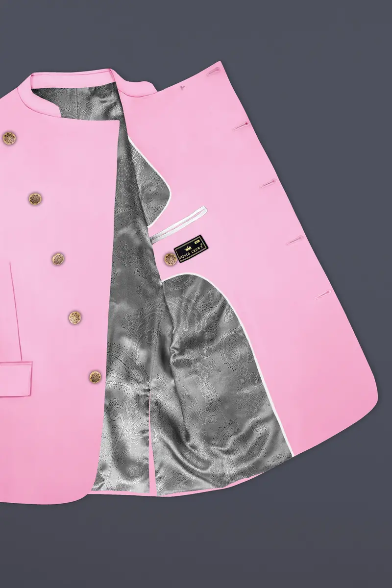 Rosé Reverie-Pestel Pink Solid Wool Rich Cross Placket Bandhgala Slight Stretch Suit 5
