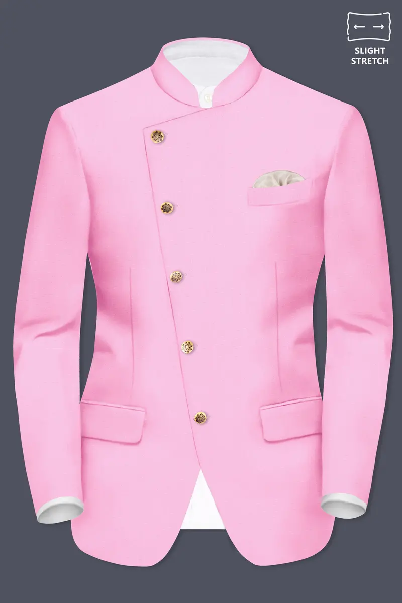 Rosé Reverie-Pestel Pink Solid Wool Rich Cross Placket Bandhgala Slight Stretch Suit 9