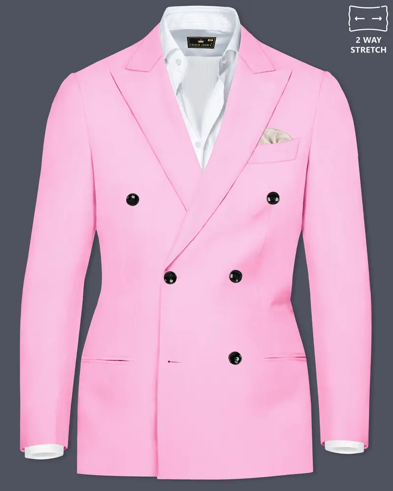 Rosé Reverie-Pestel Pink Solid Wool Rich Double Breasted Slight Stretch Blazer 1