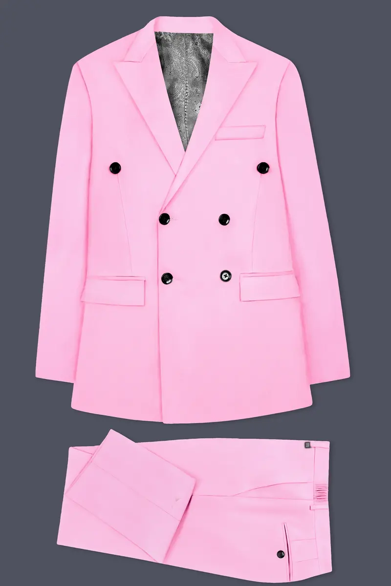 Rosé Reverie-Pestel Pink Solid Wool Rich Double Breasted Slight Stretch Suit 11