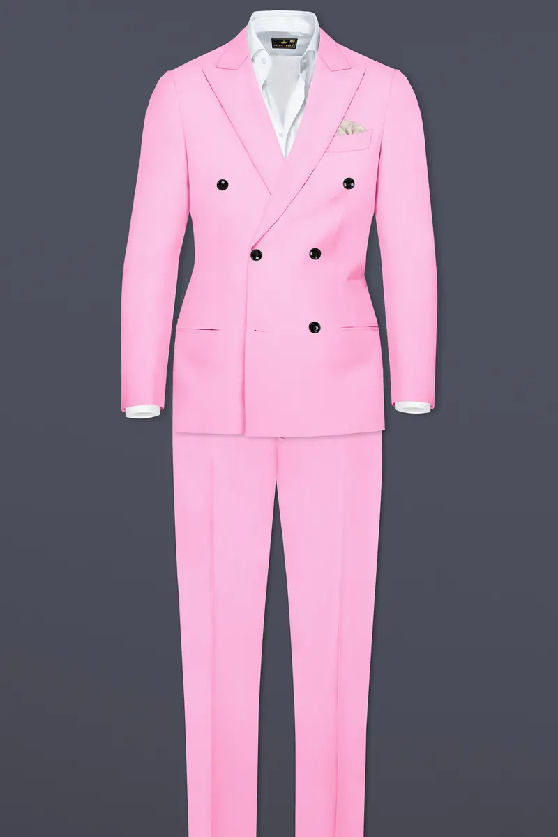 Rosé Reverie-Pestel Pink Solid Wool Rich Double Breasted Slight Stretch Suit 4
