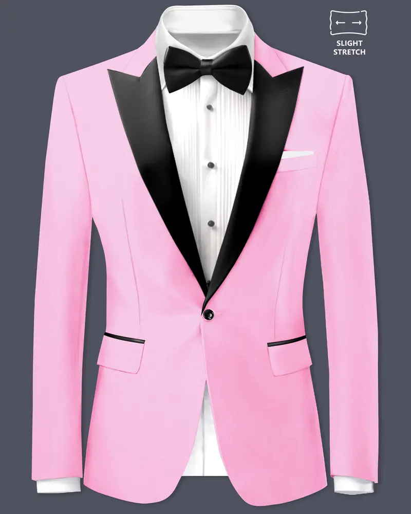 Rosé Reverie-Pestel Pink Solid Wool Rich Peak Lapel Tuxedo Slight Stretch Blazer 1