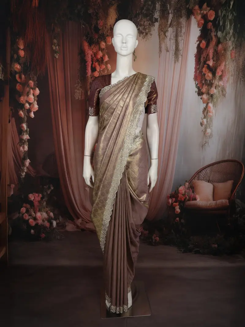 Rose Taupe Floral Zari Woven Design Banarasi Silk Saree With Designer Border 1