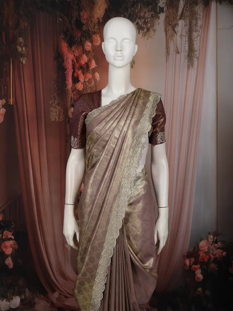 Rose Taupe Floral Zari Woven Design Banarasi Silk Saree With Designer Border 2