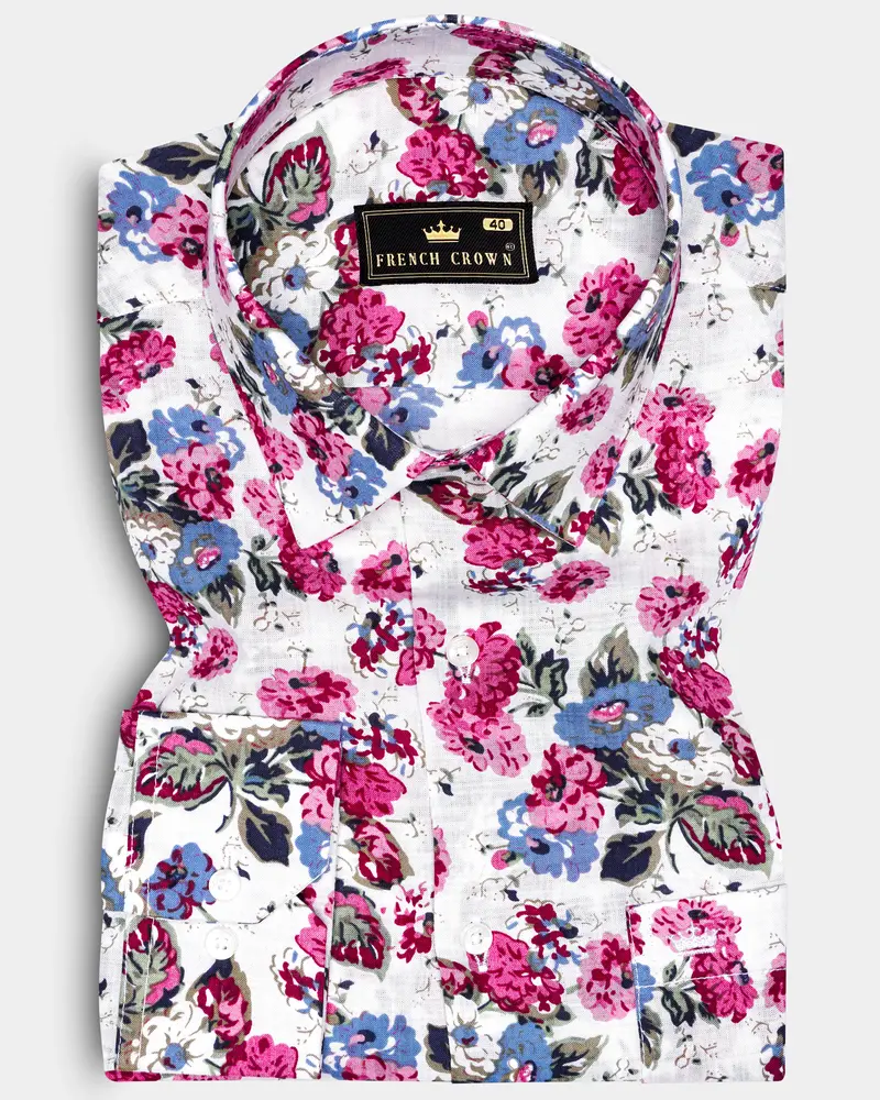 Rosewhimsy-Merino White And Cardinal Pink Floral Printed Lightweight Premium Cotton Shirt 1