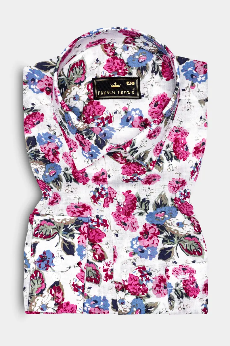 Rosewhimsy-Merino White And Cardinal Pink Floral Printed Lightweight Premium Cotton Shirt 2
