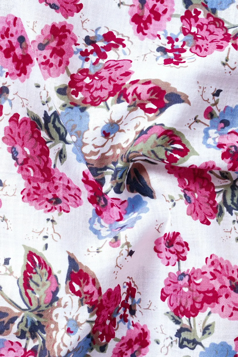 Rosewhimsy-Merino White And Cardinal Pink Floral Printed Lightweight Premium Cotton Shirt 3
