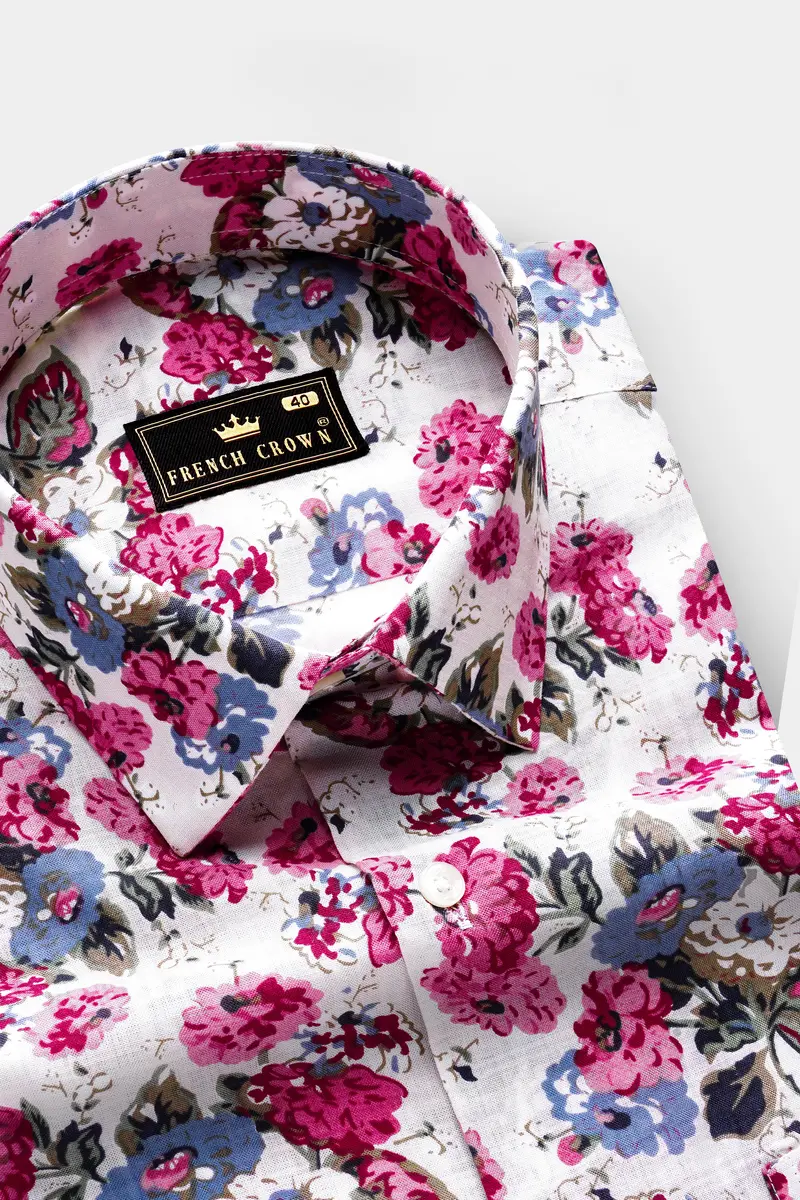 Rosewhimsy-Merino White And Cardinal Pink Floral Printed Lightweight Premium Cotton Shirt 4