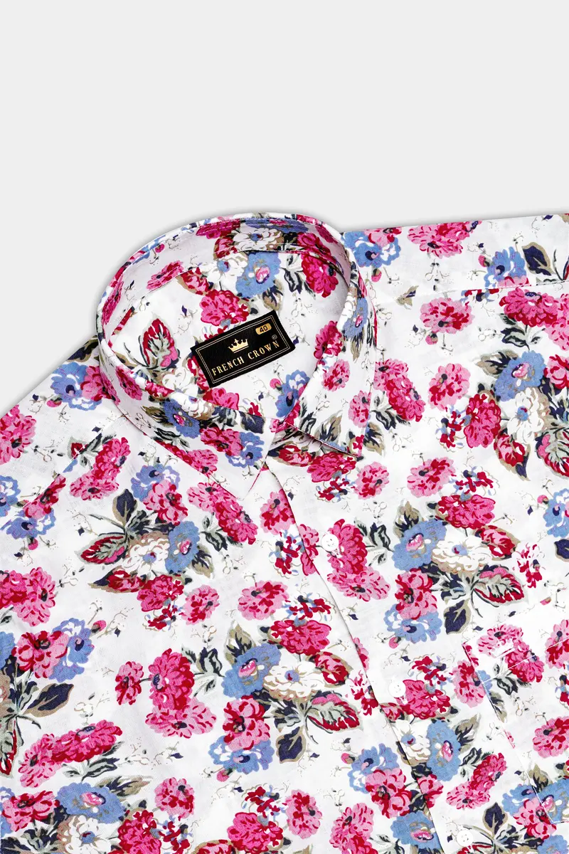 Rosewhimsy-Merino White And Cardinal Pink Floral Printed Lightweight Premium Cotton Shirt 5