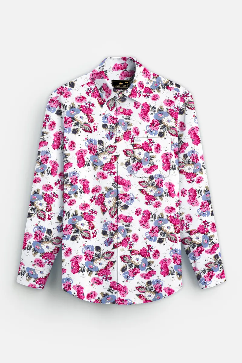 Rosewhimsy-Merino White And Cardinal Pink Floral Printed Lightweight Premium Cotton Shirt 6