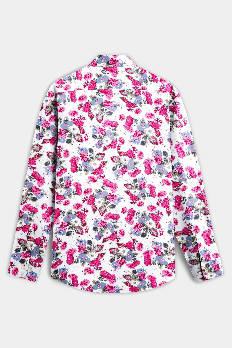 Rosewhimsy-Merino White And Cardinal Pink Floral Printed Lightweight Premium Cotton Shirt 7