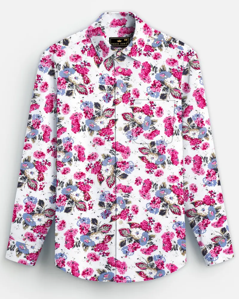 Rosewhimsy-Merino White And Cardinal Pink Floral Printed Lightweight Premium Cotton Shirt 8
