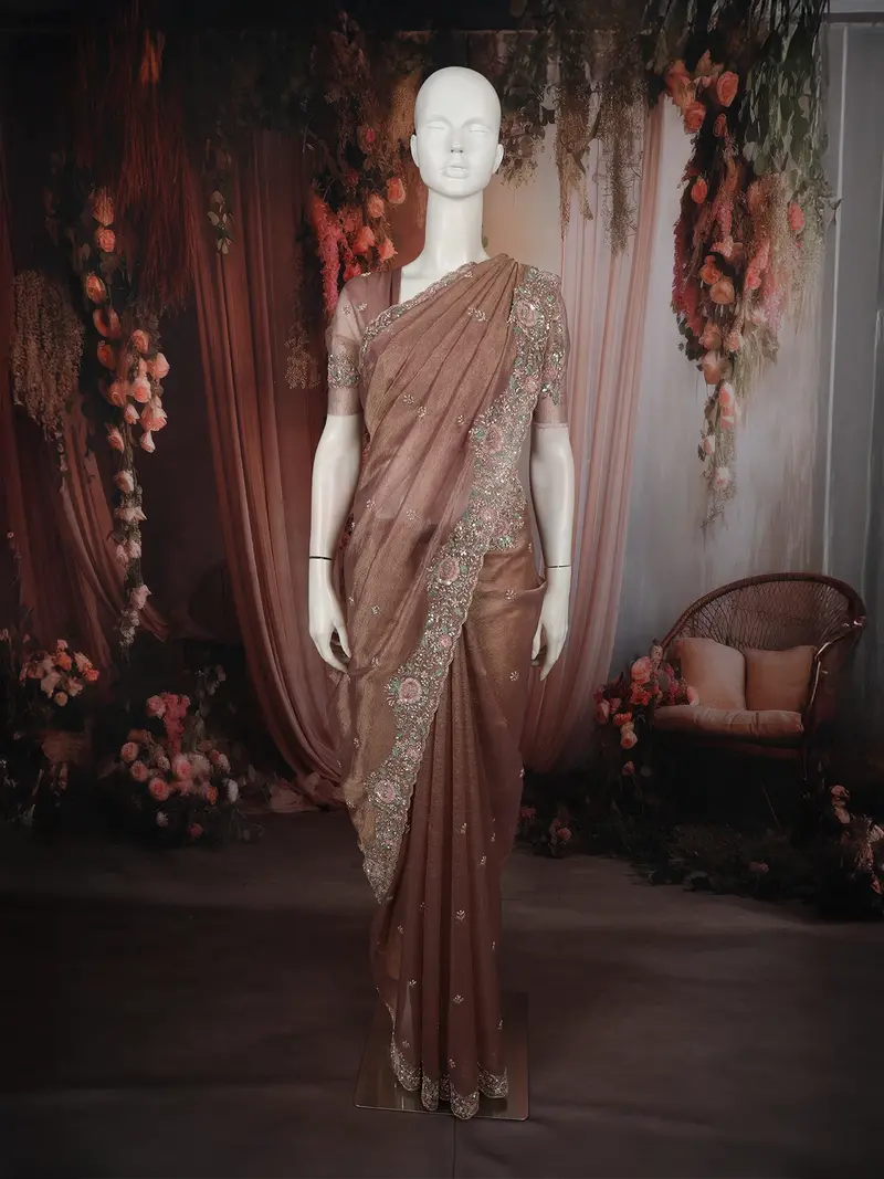 Rosewood Brown Butta Sequins And Beads Embroidered Design Organza Fancy Saree With Scalloped Border 1