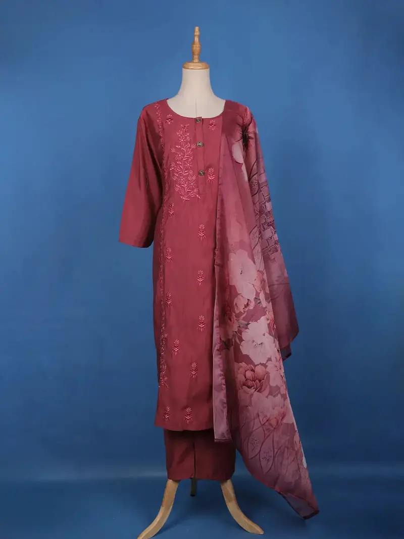 Rosewood Pink Floral Design Embroidered Print Semi Silk Salwar Suit 1